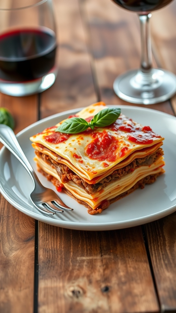 A slice of classic lasagna with layers of meat sauce, cheese, and herbs, garnished with basil, on a rustic table.